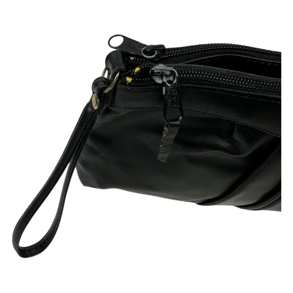 VTG Holiday Fair Wristlet Clutch Bag Womens Black Leather Look Zip Pouch Evening